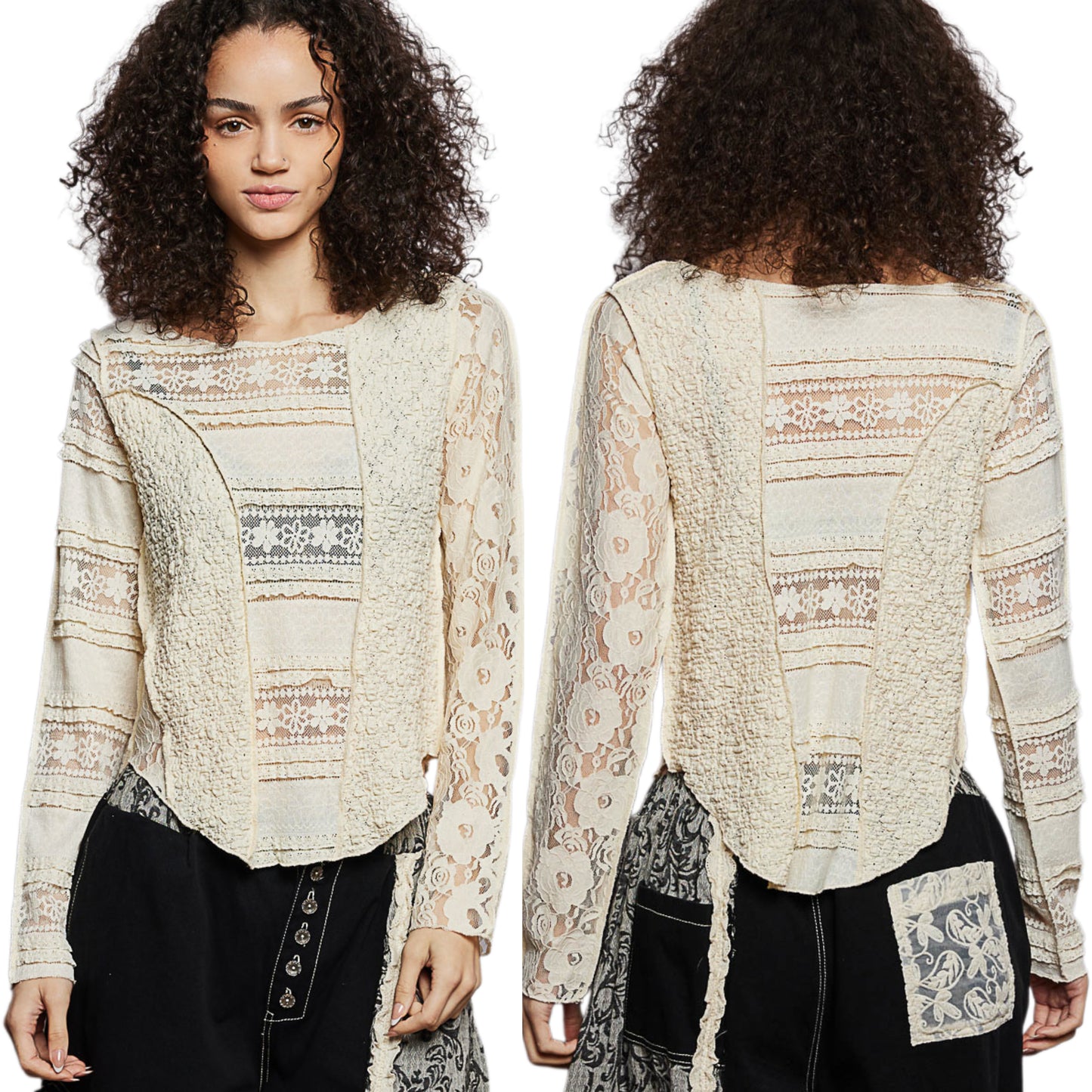 POL Lace Patchwork Top Round Neck Exposed Seam Shirt Long Sleeve Blouse Natural Cream
