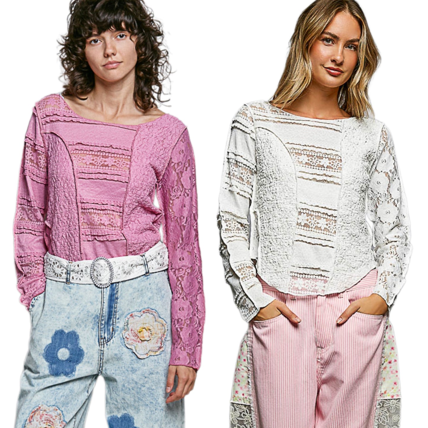 POL Lace Patchwork Top Round Neck Exposed Seam Shirt Long Sleeve Blouse Rose Pink