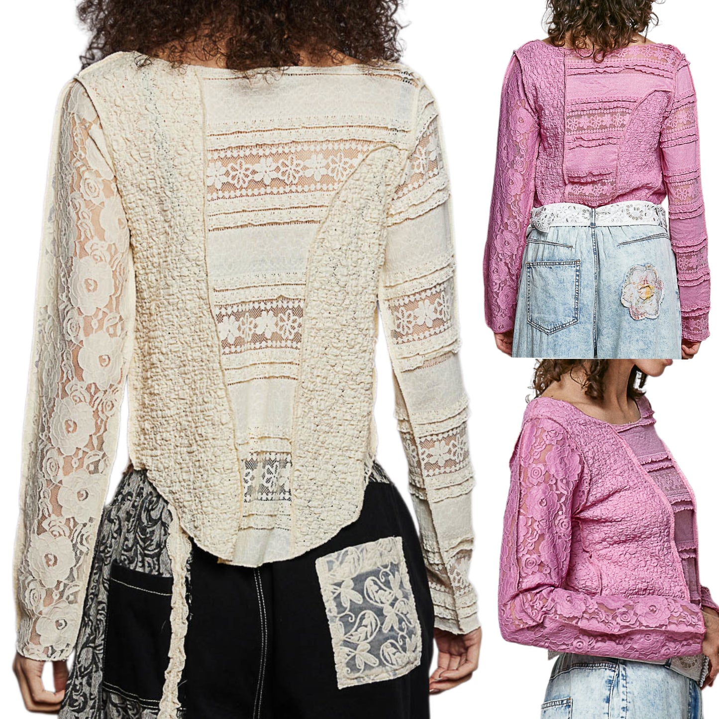 POL Lace Patchwork Top Round Neck Exposed Seam Shirt Long Sleeve Blouse Rose Pink