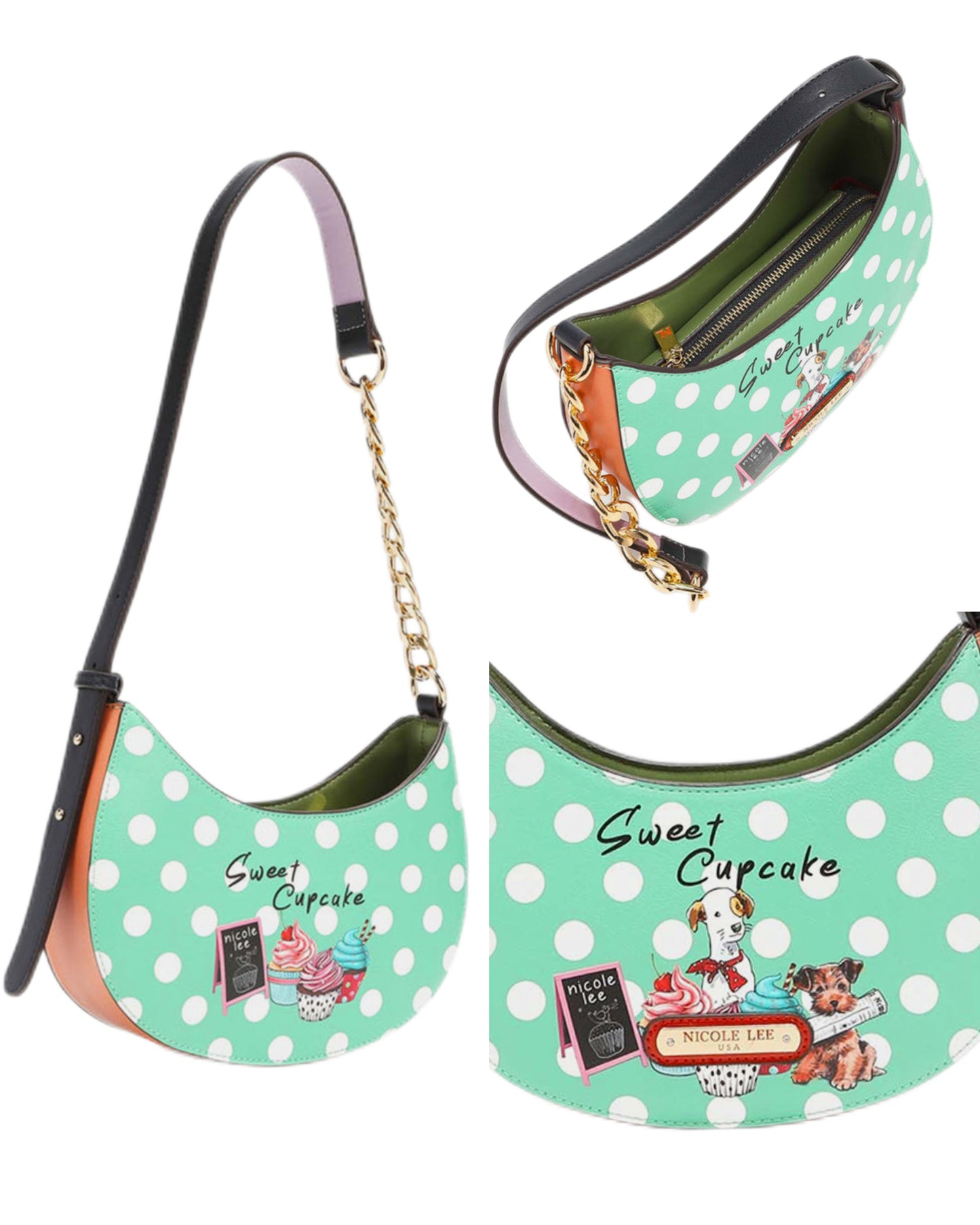 Nicole Lee Cupcake Dog Purse Polka Dot Convertible Adjustable Chain Strap Crossbody Shoulder Bag