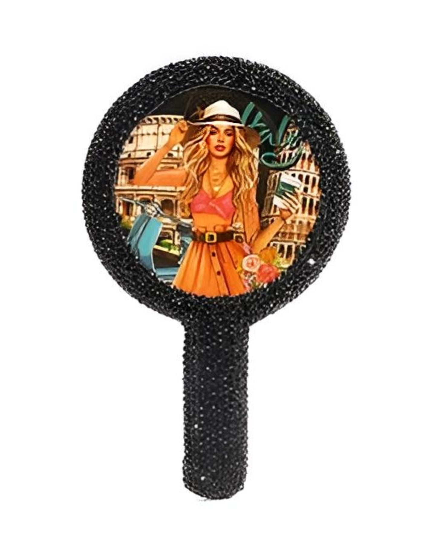 Nicole Lee Rhinestone Encrusted Handheld Round Face Mirror Beauty Vanity Travel Glam Black