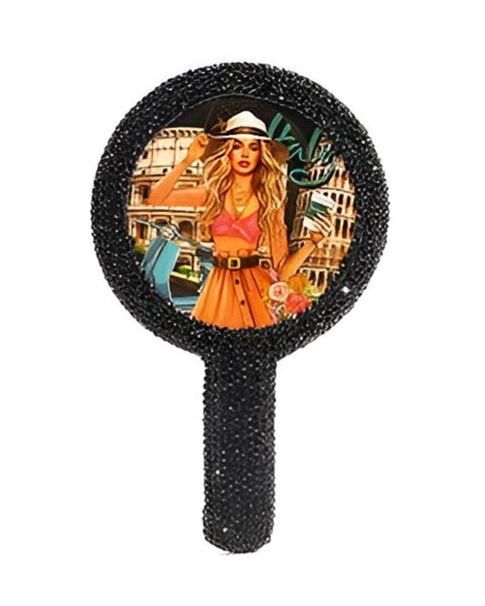 Nicole Lee Rhinestone Encrusted Handheld Round Face Mirror Beauty Vanity Travel Glam Black