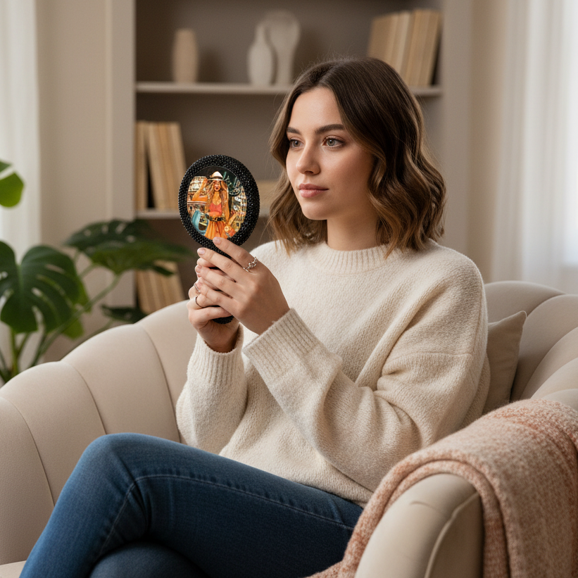 Nicole Lee Rhinestone Encrusted Handheld Round Face Mirror Beauty Vanity Travel Glam Black