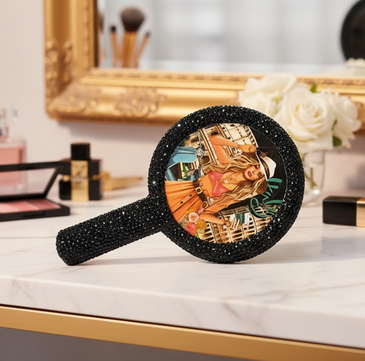 Nicole Lee Rhinestone Encrusted Handheld Round Face Mirror Beauty Vanity Travel Glam Black