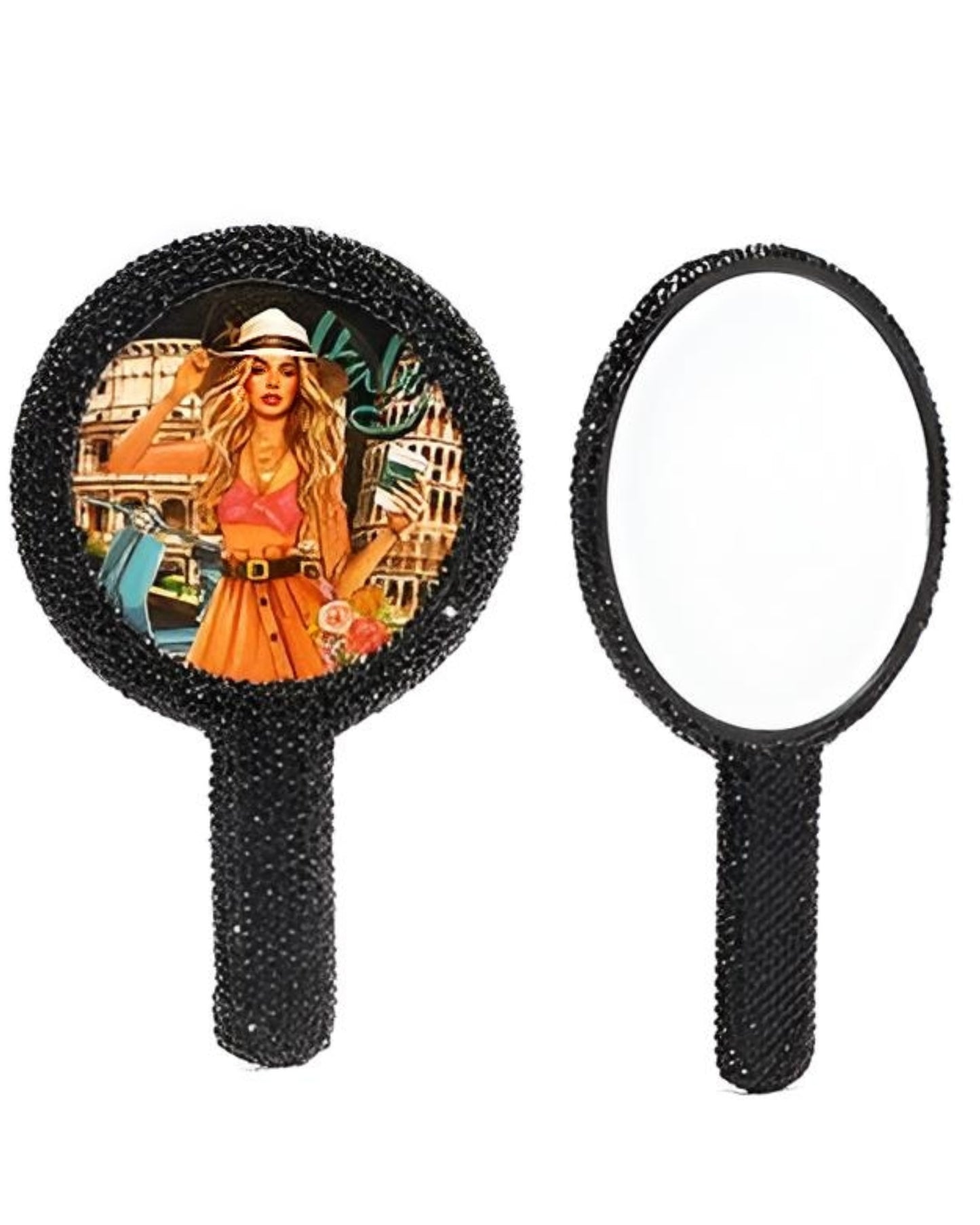 Nicole Lee Rhinestone Encrusted Handheld Round Face Mirror Beauty Vanity Travel Glam Black