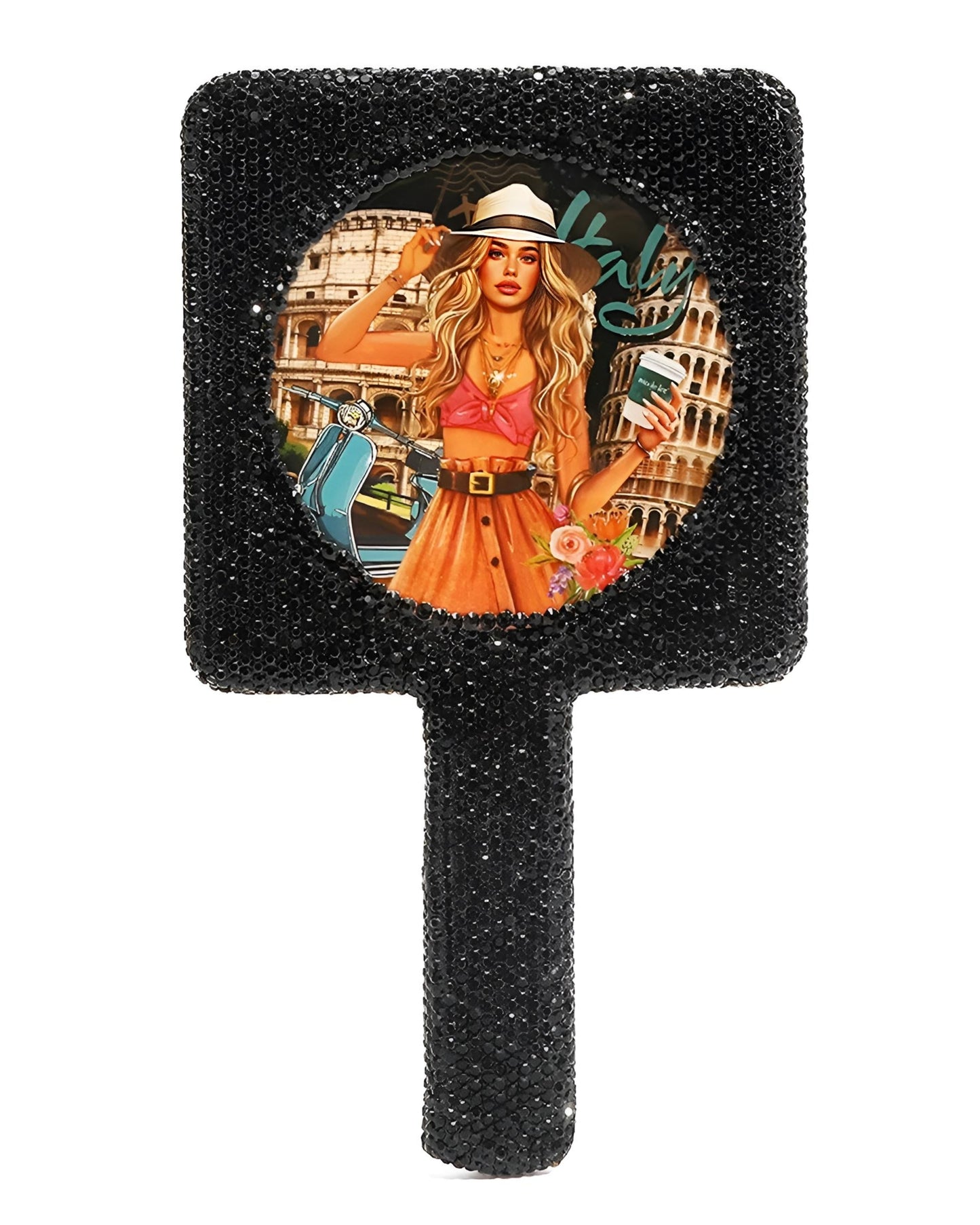 Nicole Lee Rhinestone Encrusted Handheld Square Face Mirror Beauty Vanity Travel Glam Black