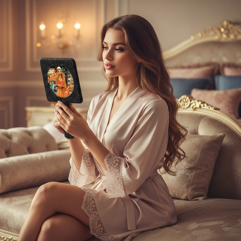 Nicole Lee Rhinestone Encrusted Handheld Square Face Mirror Beauty Vanity Travel Glam Black