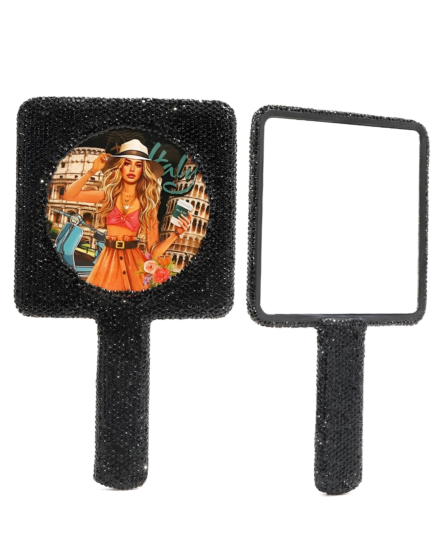 Nicole Lee Rhinestone Encrusted Handheld Square Face Mirror Beauty Vanity Travel Glam Black