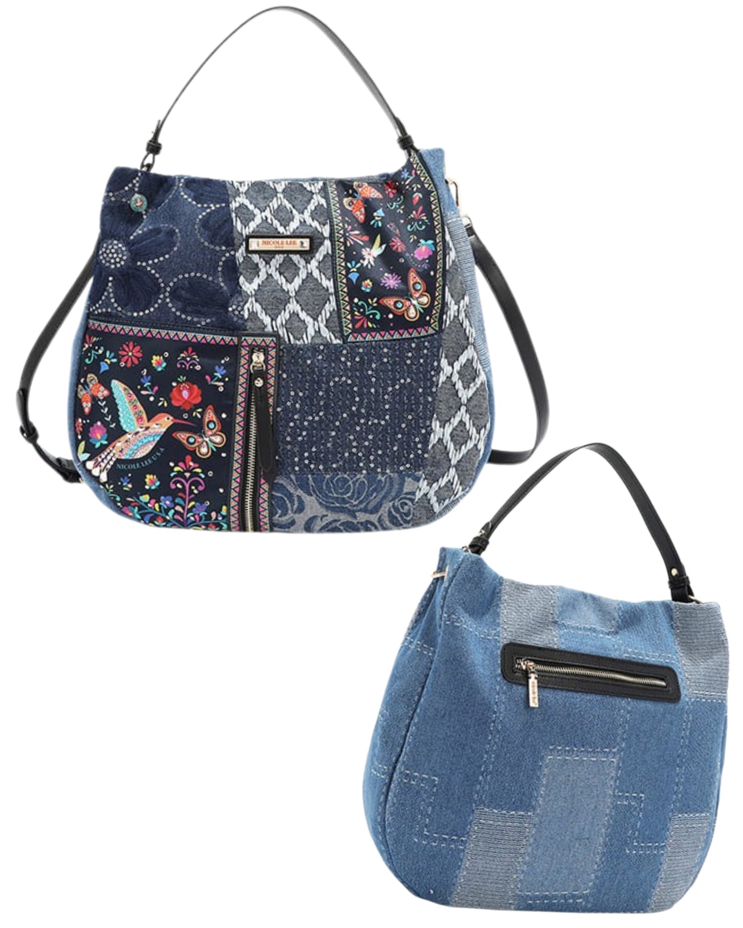 Nicole Lee Denim Patchwork Bosque de Amor Shoulder Bag Hobo Slouchy Purse Convertible Strap