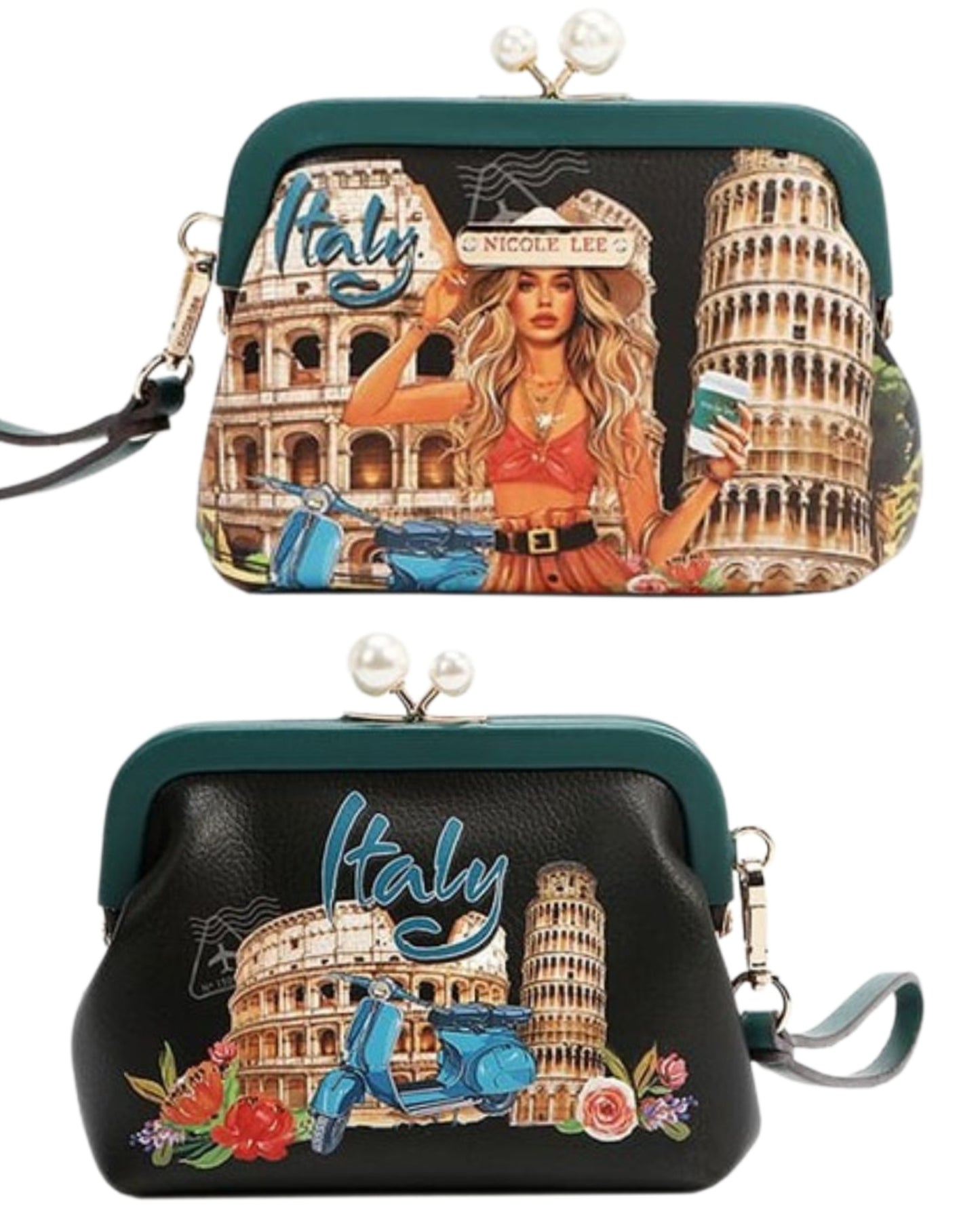 Nicole Lee Pearl Kiss-Lock Italy Wristlet Detachable Strap Chelsea Coin Purse Compact Wallet