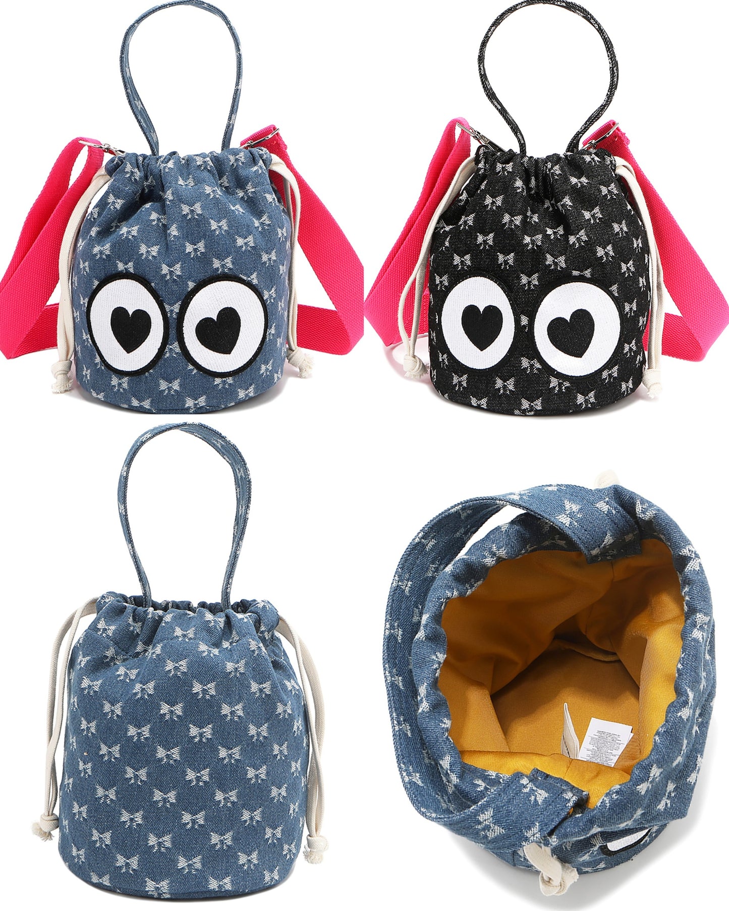 Nicole Lee Bow Denim Bucket Bag Heart Eye Convertible Crossbody Shoulder Purse