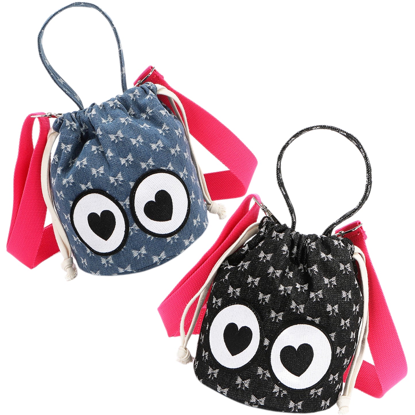 Nicole Lee Bow Denim Bucket Bag Heart Eye Convertible Crossbody Shoulder Purse