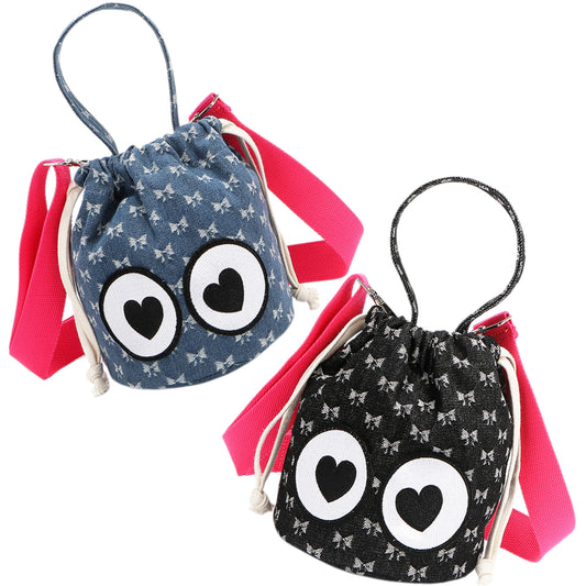 Nicole Lee Bow Denim Bucket Bag Heart Eye Convertible Crossbody Shoulder Purse