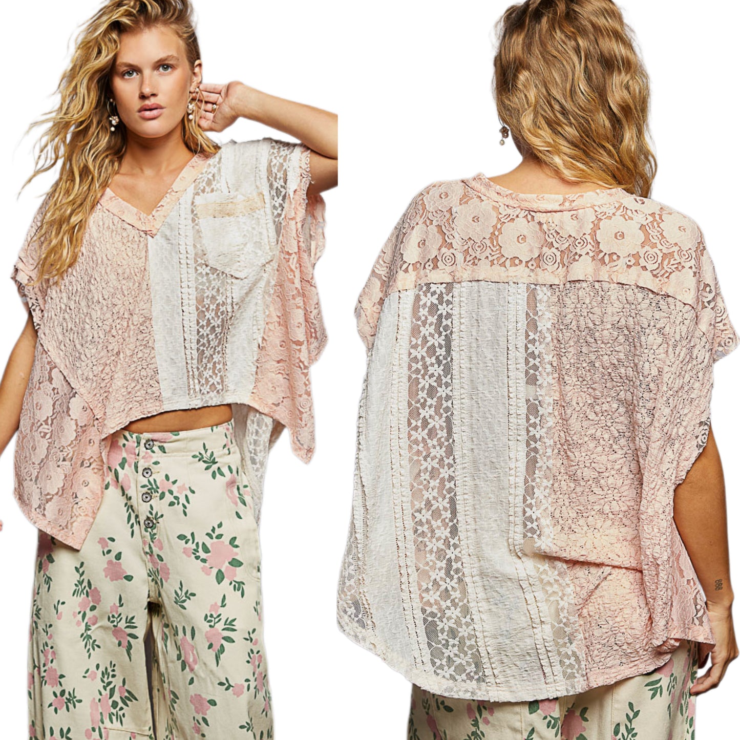 POL Lace Patchwork Asymmetrical Drape Shirt Oversized V-Neck Exposed Seam Top Blush Pink