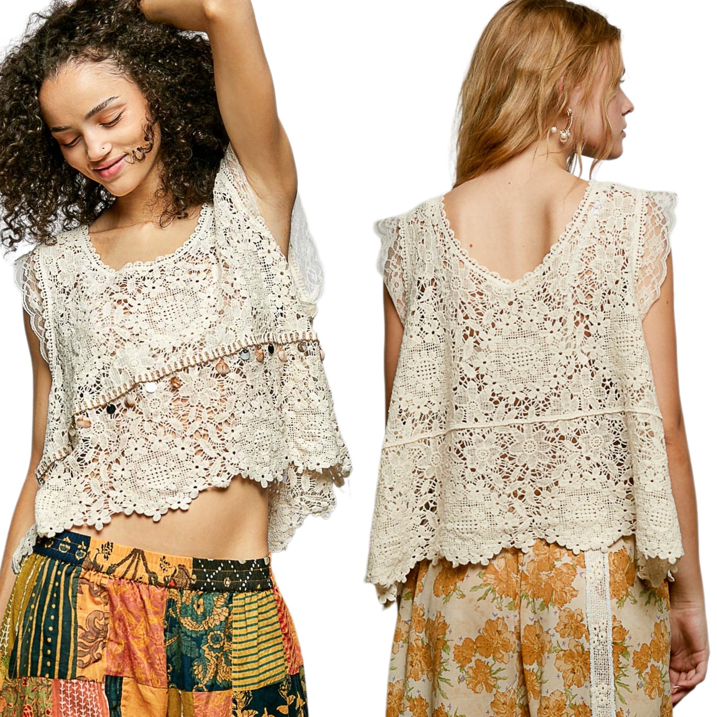 POL Scalloped Edge Seashell Lace Trim Openwork Crochet Sleeveless Tank Top Natural Cream