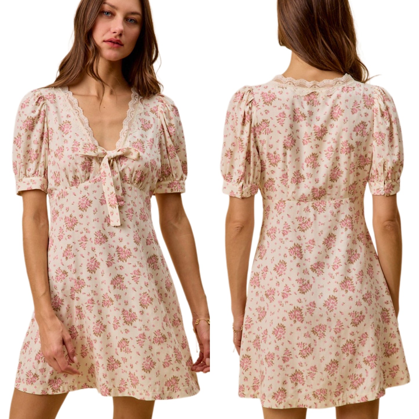 SO ME Retro Granny Floral Lace Trim V-Neck Puff Short Sleeve Babydoll Mini Dress