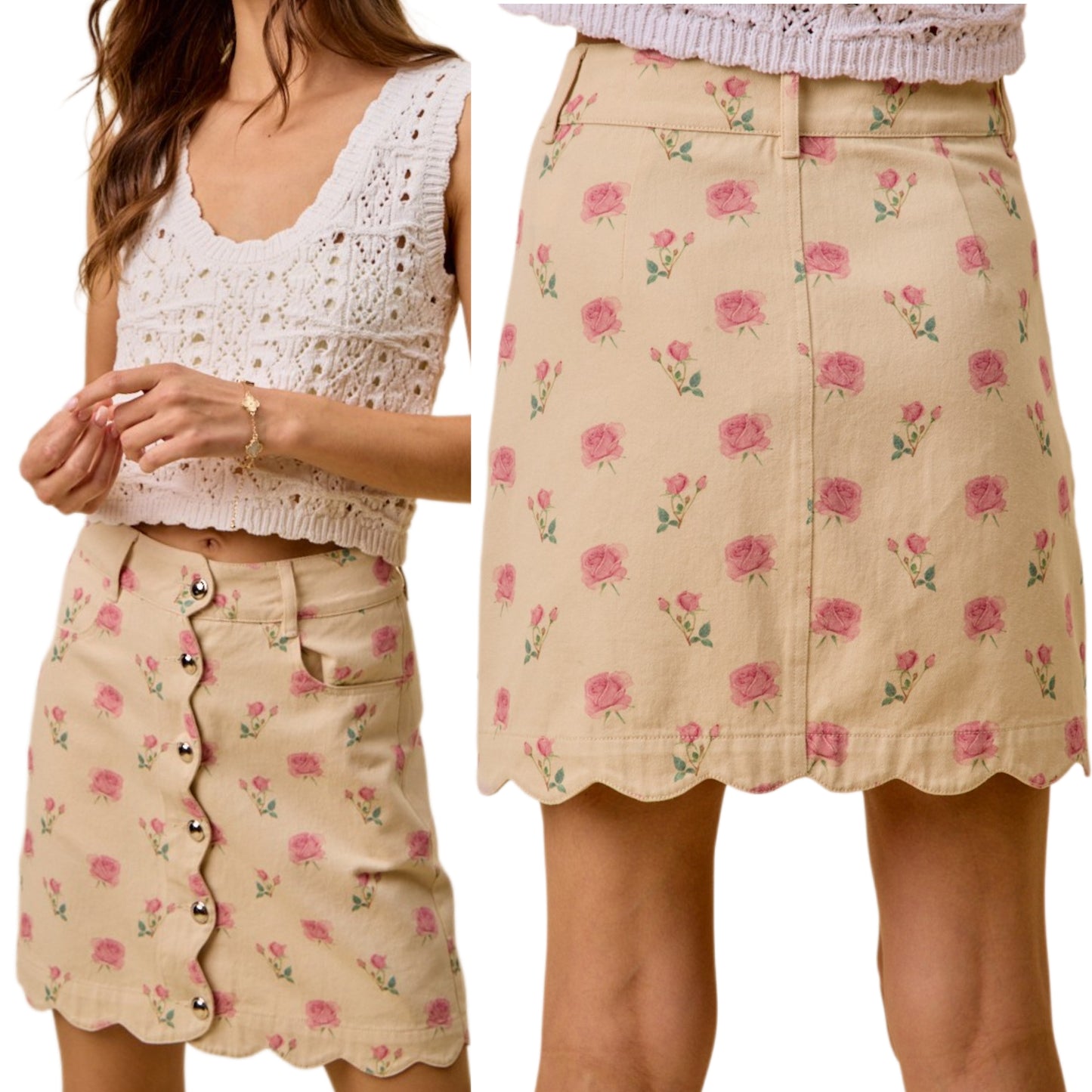 SO ME High-Rise Retro Granny Floral Rose Button Down Cotton Twill Denim Scallop Edge Mini Skirt