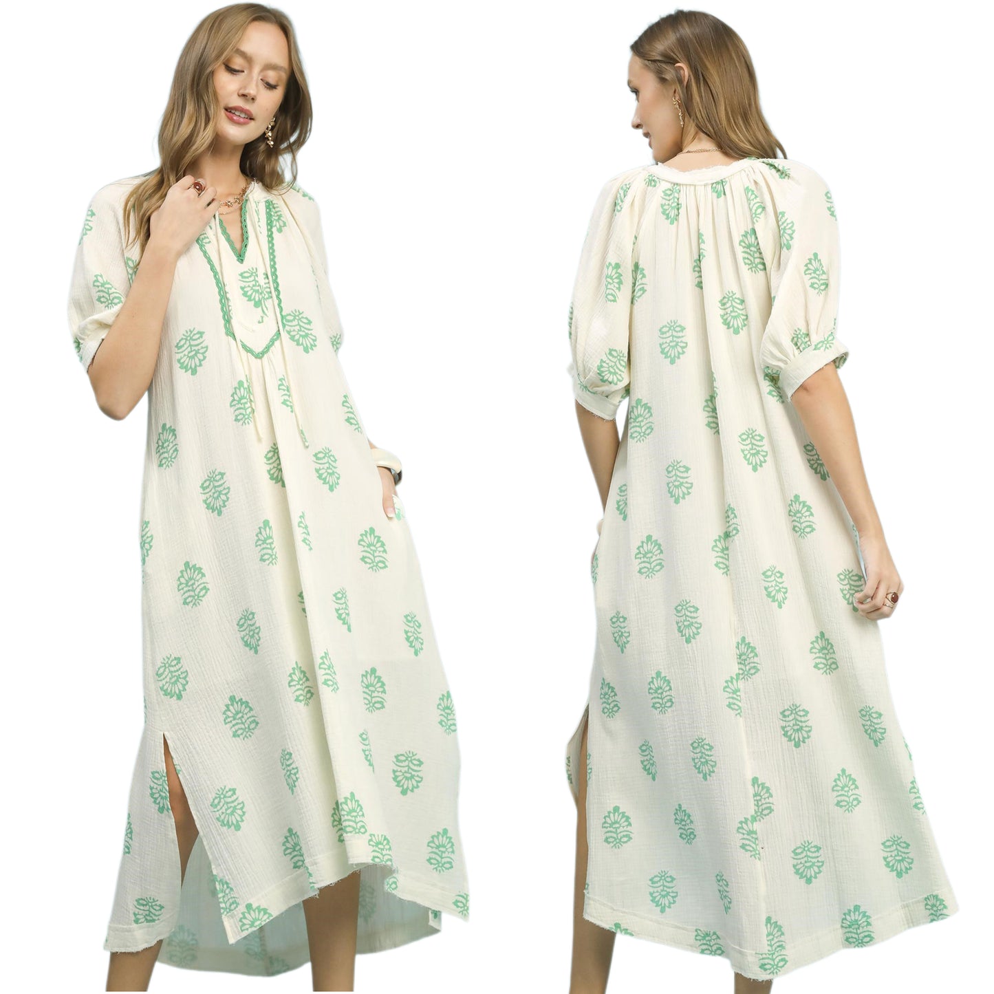 Umgee Embroidered Split Neck Lace Trim Cotton Gauze Puff Short Sleeve Midi Dress