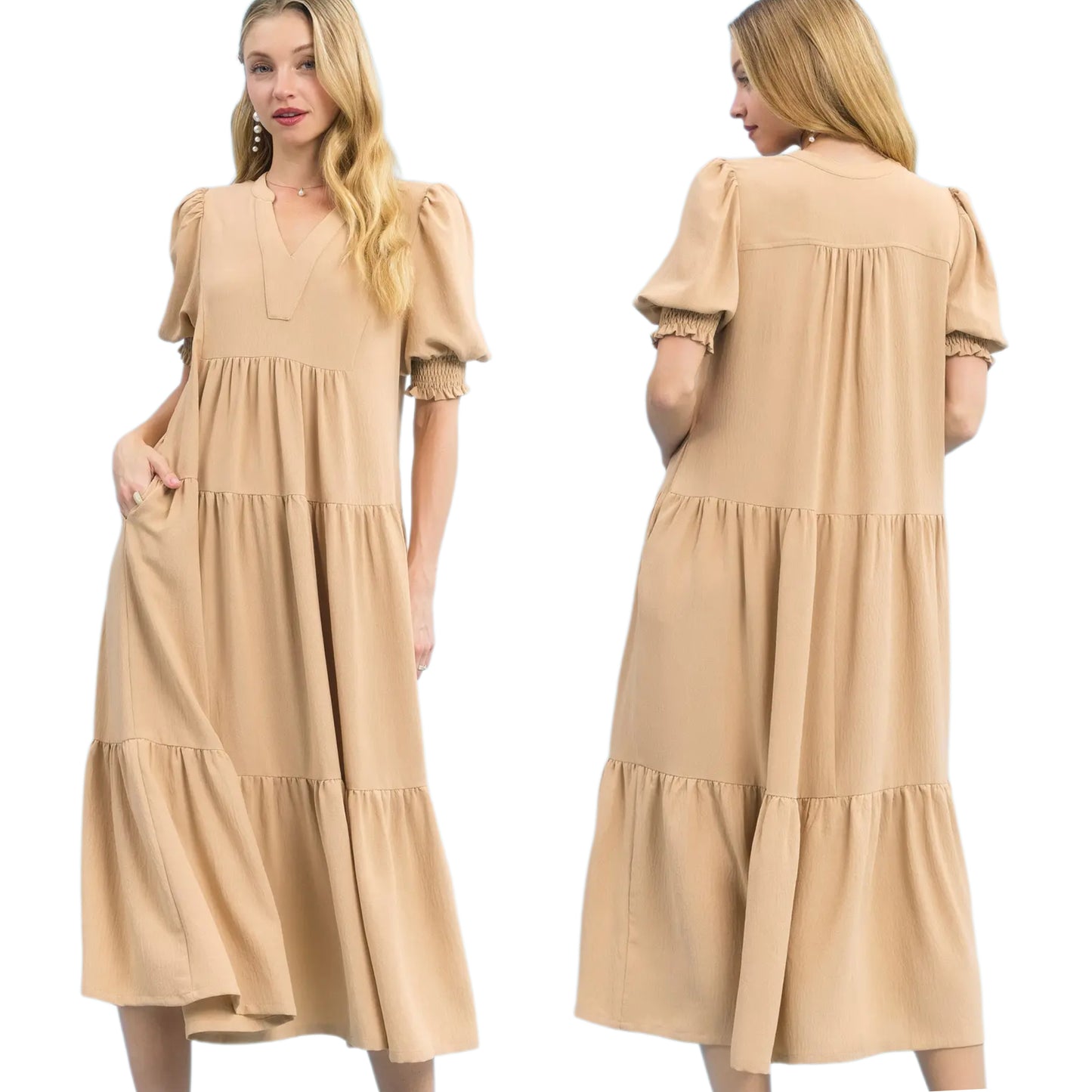 Umgee Oversized V-Neck Smocked 3/4 Puff Sleeve Slit Pocket Tiered Midi Dress Latte