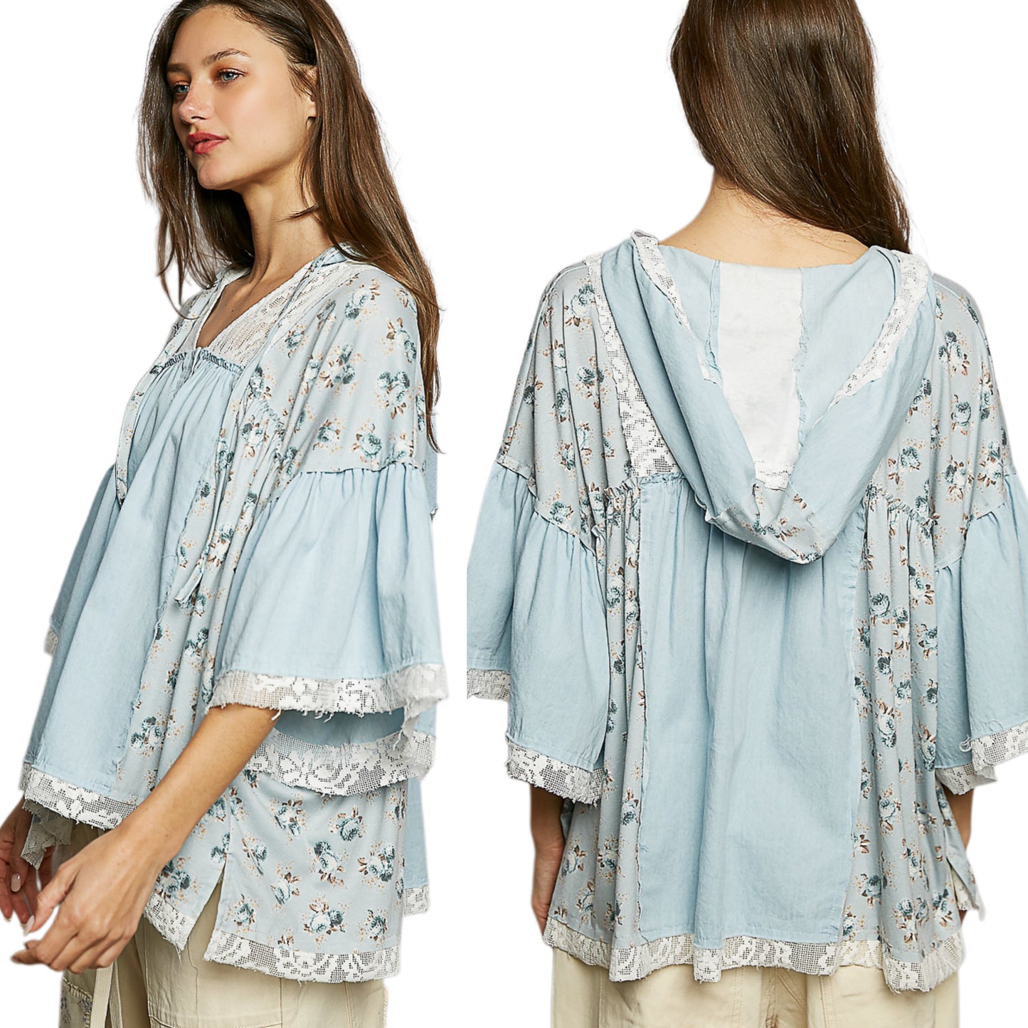 POL Oversized Hoodie Lace Patchwork Gauze Floral Blouse Retro Raw Seam Top Blue