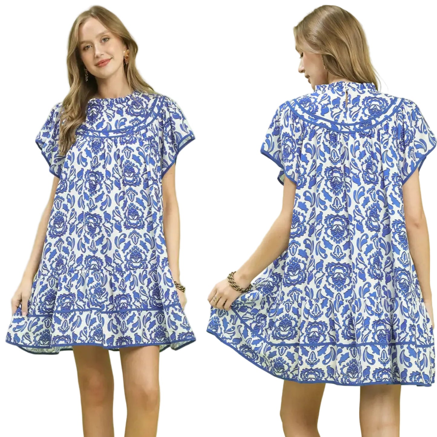 Umgee Tiered Babydoll Contrast Abstract Mini Dress Ruffle Mock Neck Short Flutter Sleeves