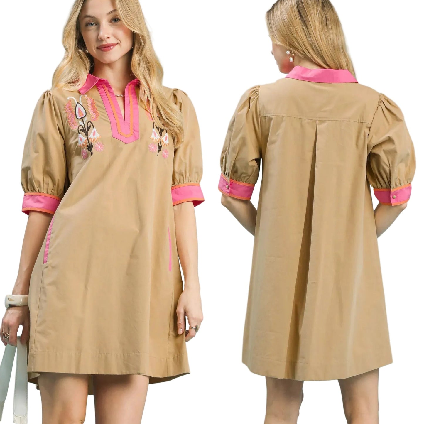 Umgee Retro Embroidered Contrasting Trim Puff Sleeve Slit Pocket Cotton Tunic Mini Dress