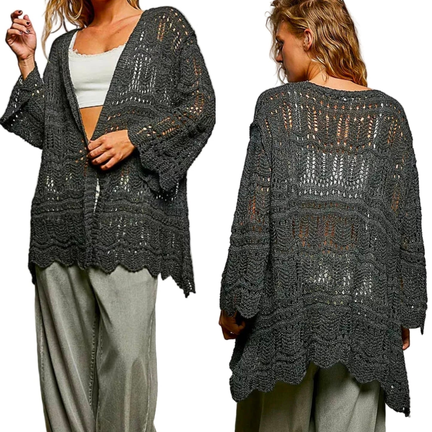 POL Openwork Lightweight Open Front Cardigan with Scalloped Edge