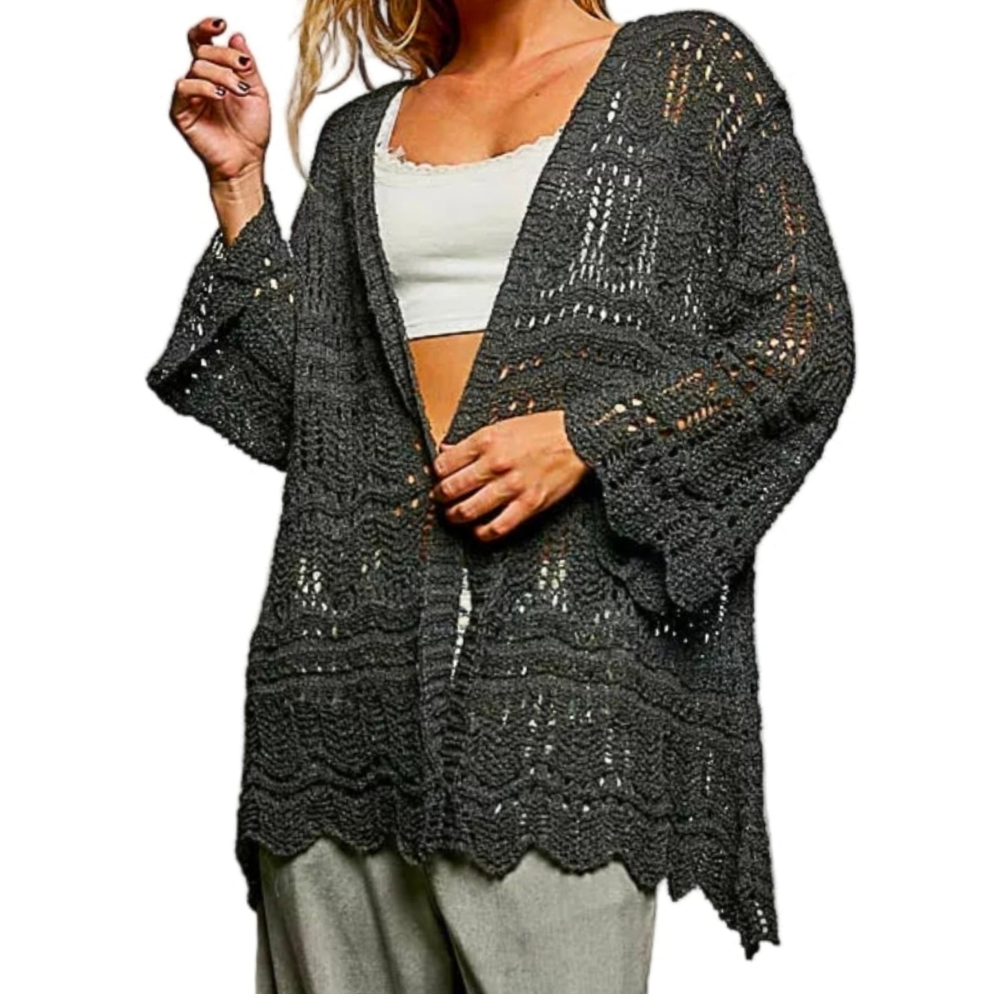 POL Openwork Lightweight Open Front Cardigan with Scalloped Edge