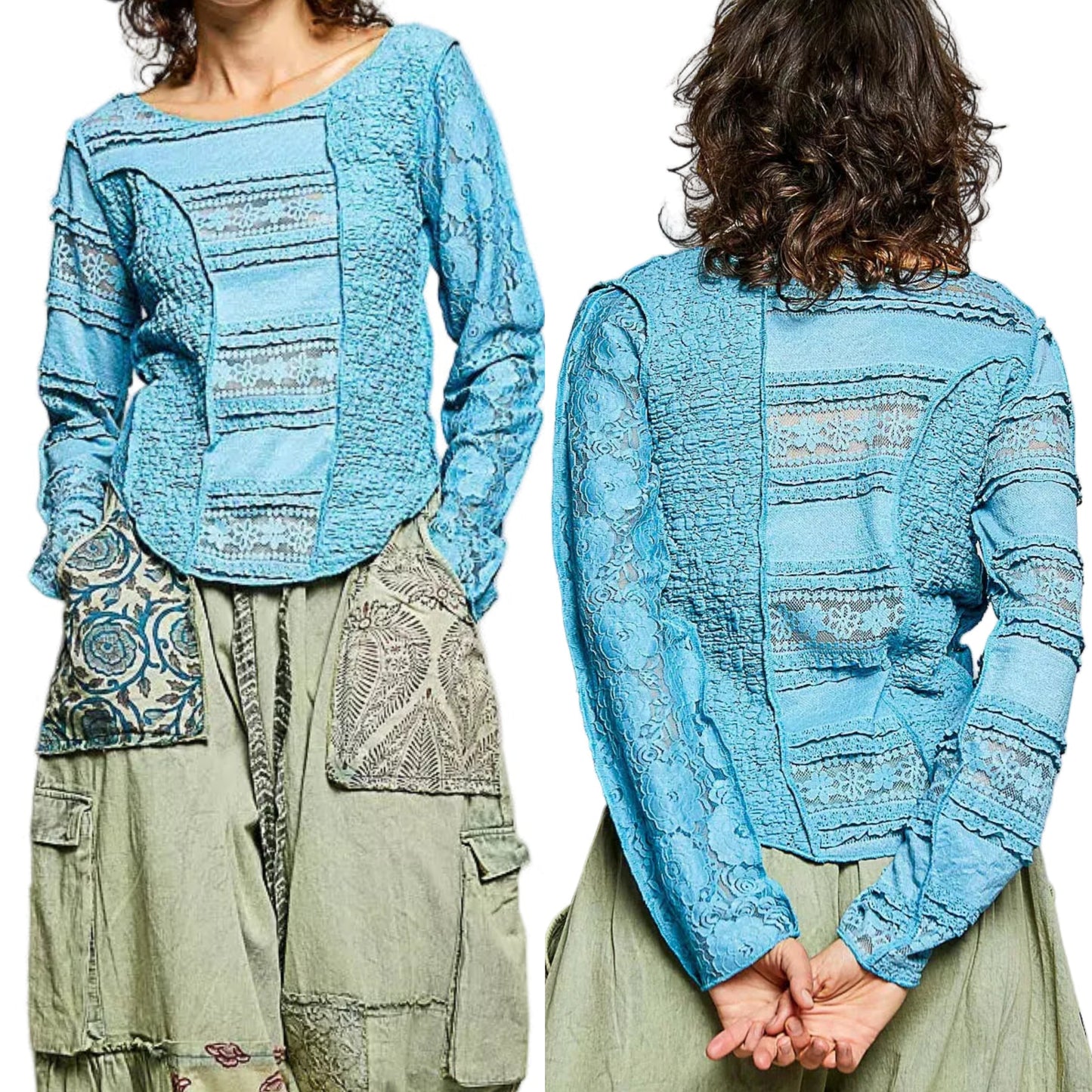 POL Lace Patchwork Top Round Neck Exposed Seam Shirt Long Sleeve Blouse Blue