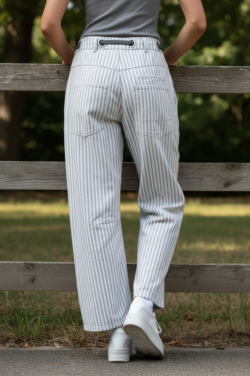 BiBi Barrel Leg Drawstring Waist Retro Patchwork Stripe Cotton Twill Baggy Tapered Pants Gray