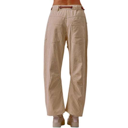 BiBi Barrel Leg Drawstring Waist Retro Patchwork Stripe Cotton Twill Baggy Tapered Pants Mocha Brown