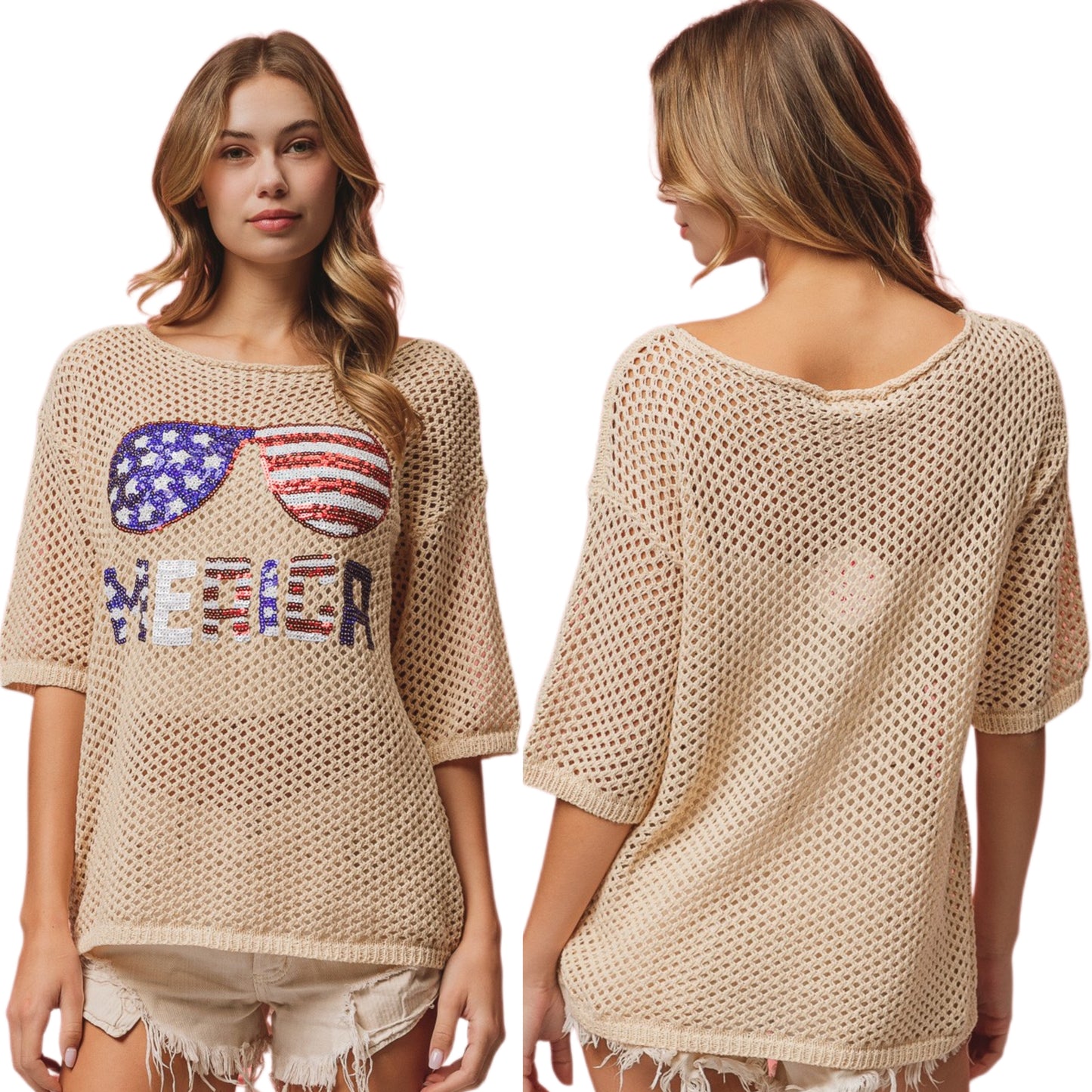 BiBi Merica Sequin American Flag Shirt Sparkling Openwork Knit Lightweight Top