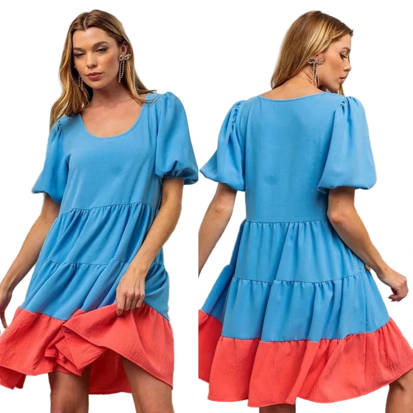 BiBi Colorblock Balloon Sleeve Scoop Neck Tiered Ruffle Babydoll Mini Dress Sky Blue