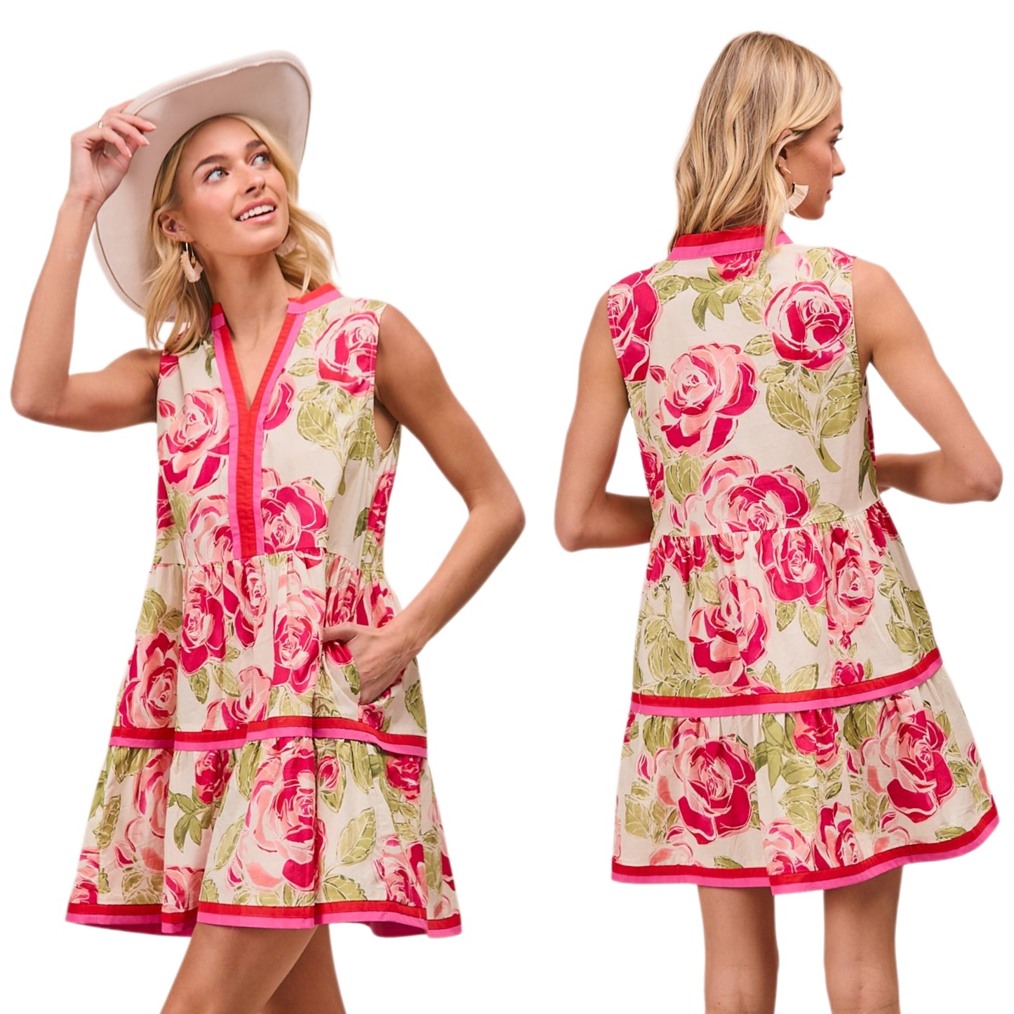 BiBi Palm Beach Floral Sleeveless Split V-Neck Contrast Trim Tiered  Cotton Babydoll Mini Dress Coral