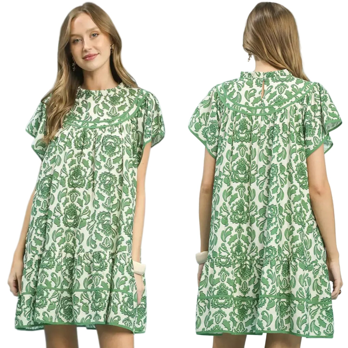 Umgee Tiered Babydoll Contrast Abstract Mini Dress Ruffle Mock Neck Short Flutter Sleeves Green