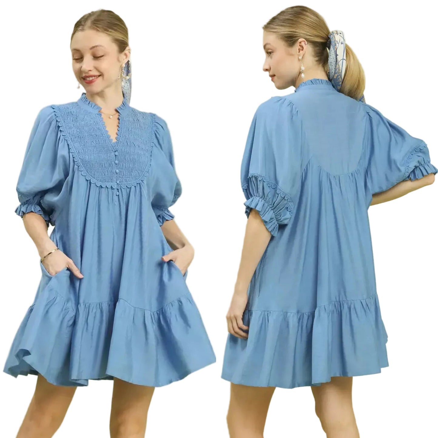 Umgee Button Smocked Bib Lace Trim Puff Sleeve Ruffle Hem Babydoll Mini Dress Periwinkle Blue