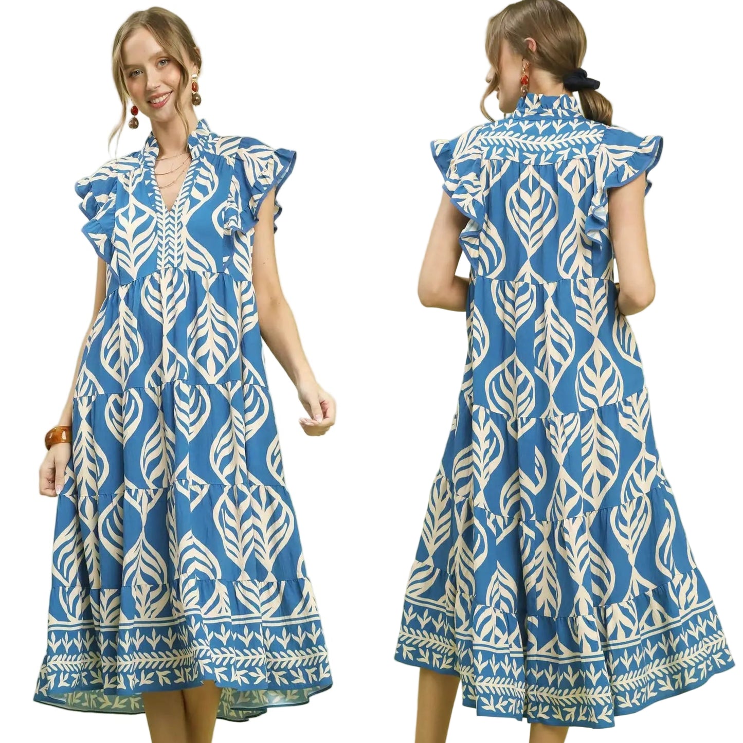 Umgee Ruffle V-Neck Flutter Sleeve Contrasting Color Leaf Tiered Midi Dress