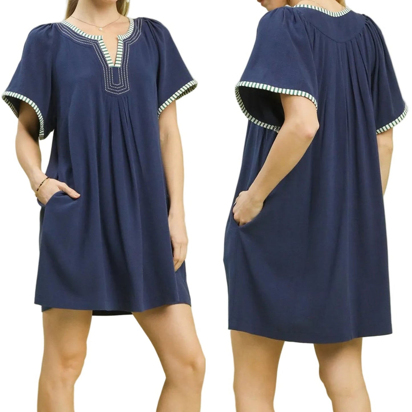 Umgee Contrast Trim Embroidered V-Neck Pleated Short Sleeve Linen Tunic Mini Dress