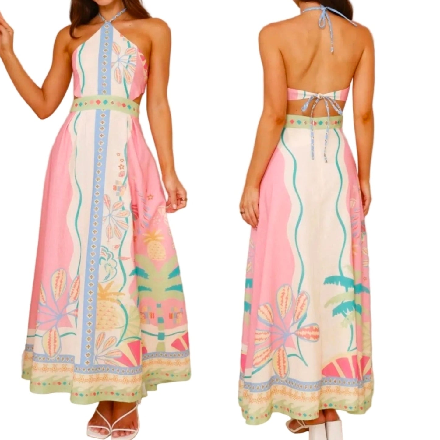 Palm Beach Cutout Side Halter High Neck Linen Blend Open Tie-Back Maxi Dress