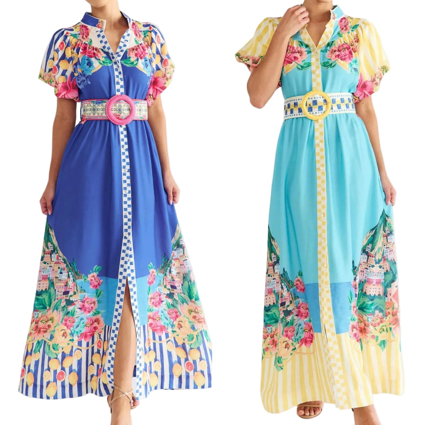 Garden Floral Button-Up Mock Neck Puff Sleeve Wide Belt Slit Front Maxi Dress
