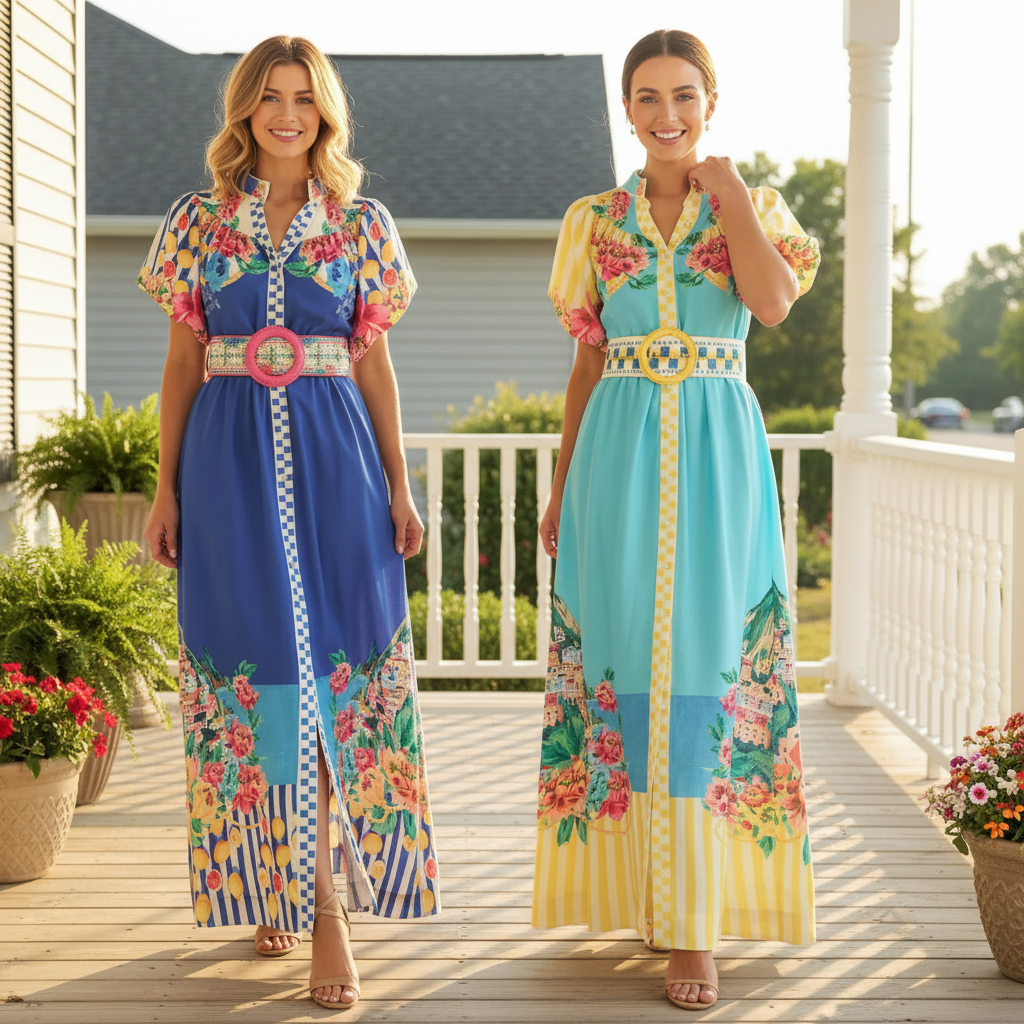 Garden Floral Button-Up Mock Neck Puff Sleeve Wide Belt Slit Front Maxi Dress