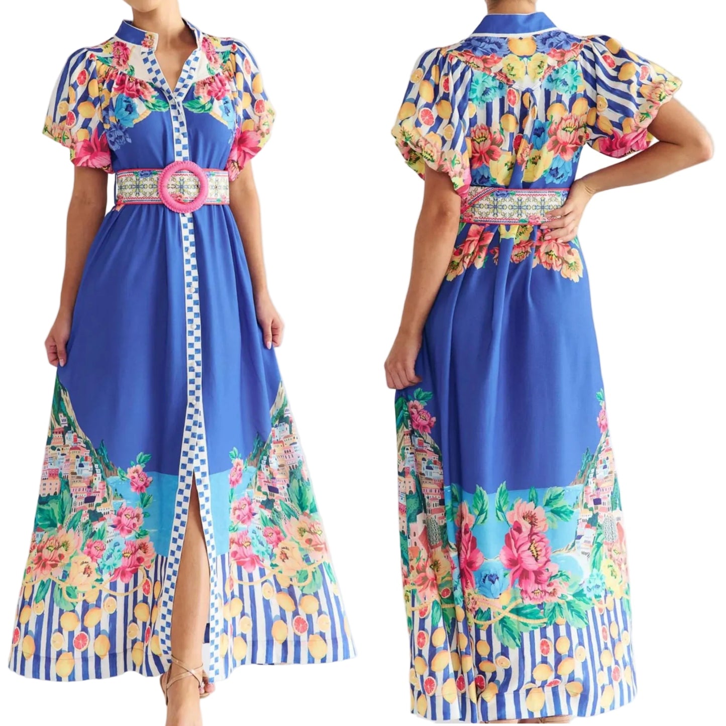 Garden Floral Button-Up Mock Neck Puff Sleeve Wide Belt Slit Front Maxi Dress