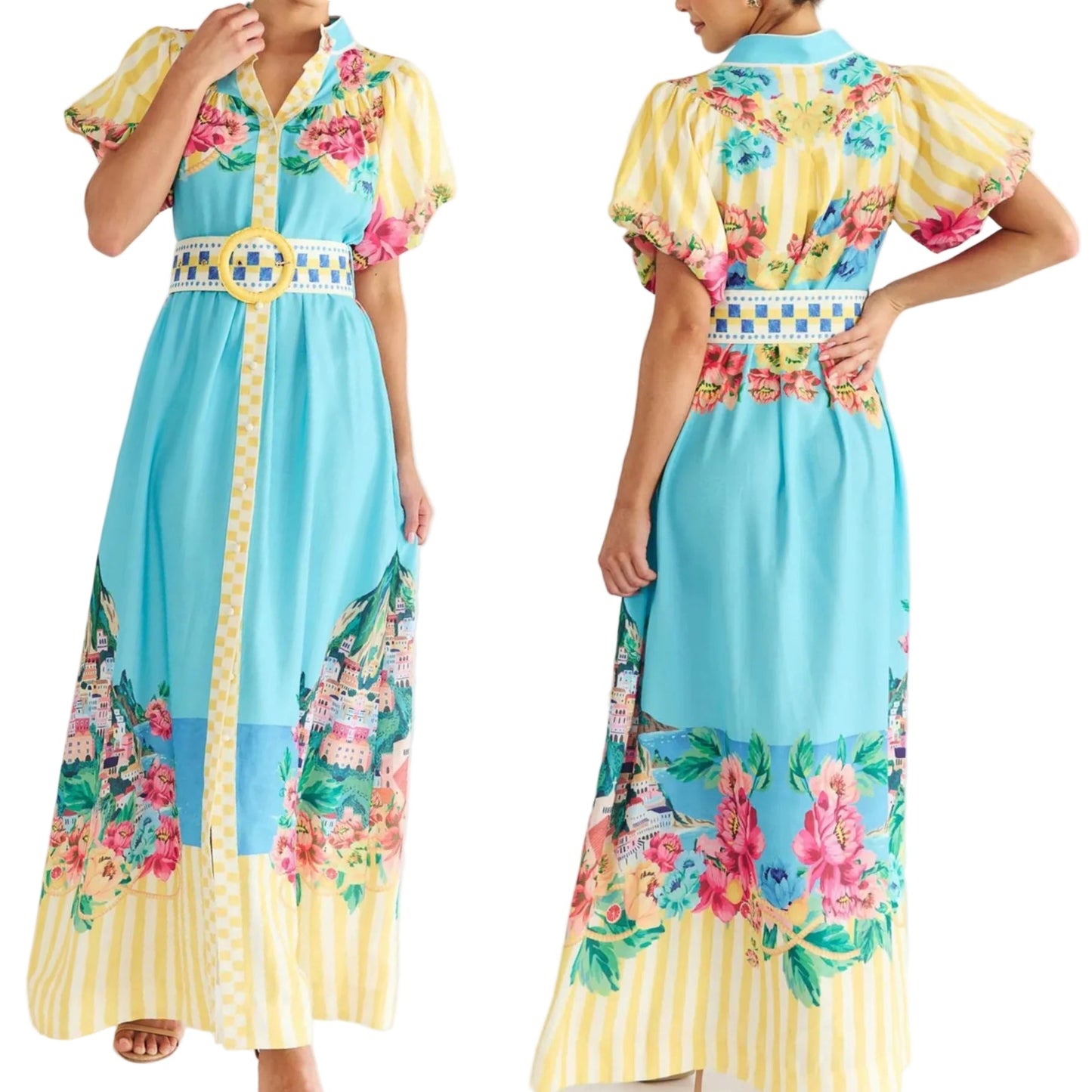 Garden Floral Button-Up Mock Neck Puff Sleeve Wide Belt Slit Front Maxi Dress
