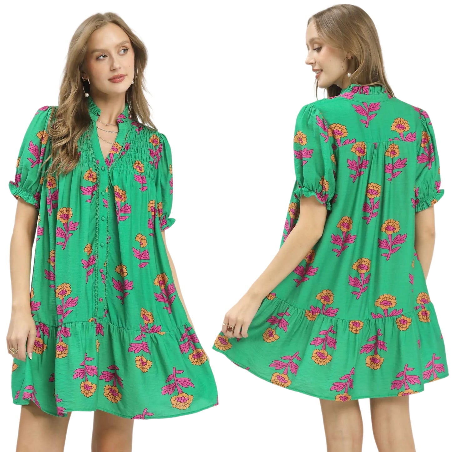 Umgee Floral Button-Up Smocked Lace Trim Puff Sleeve Ruffle Babydoll Mini Dress Green