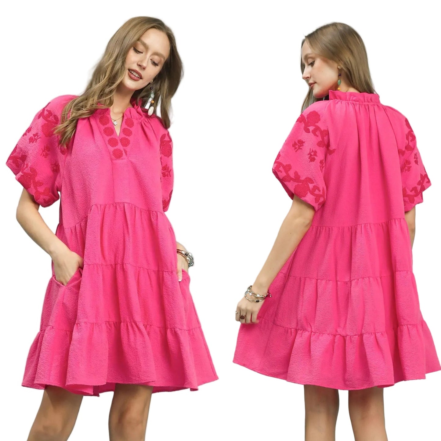 Umgee Embroidered Tiered Ruffle Babydoll Mini Dress Puff Sleeves Slit Pocket Pink