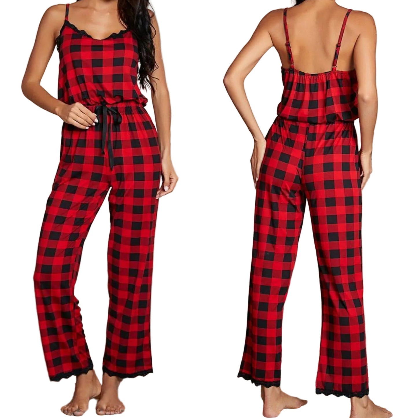 Buffalo Plaid One-Piece Lace Trim Elastic Drawstring Pant Jumpsuit Loungewear Sleepwear Outfit