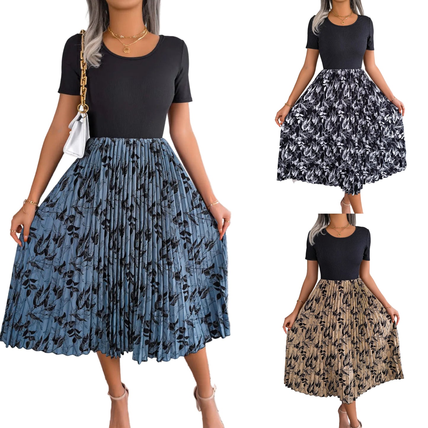 Floral Accordion Pleated Midi Dress Round Neck Short Sleeve Flowing Colorblock A-Line