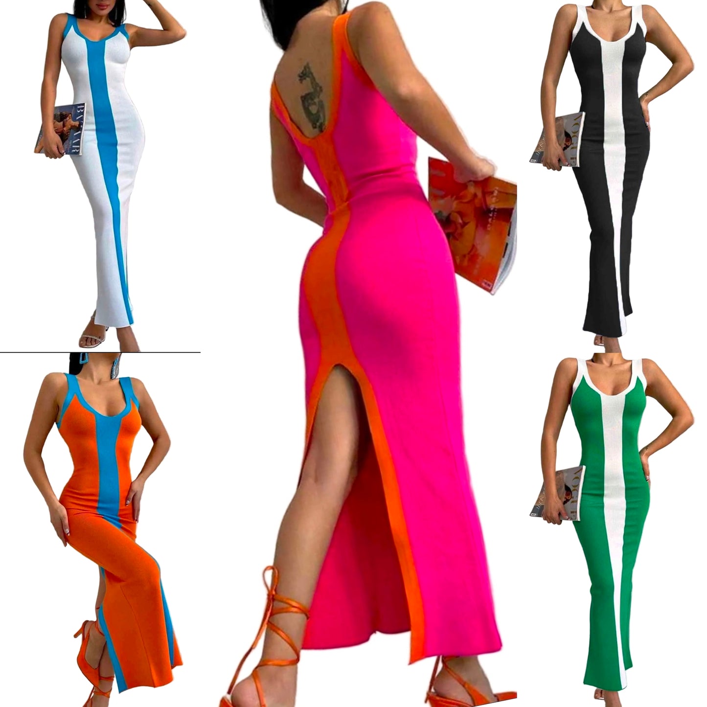 Contrast Colorblock Scoop Neck Fitted Sleeveless Bodycon Back Slit Midi Dress