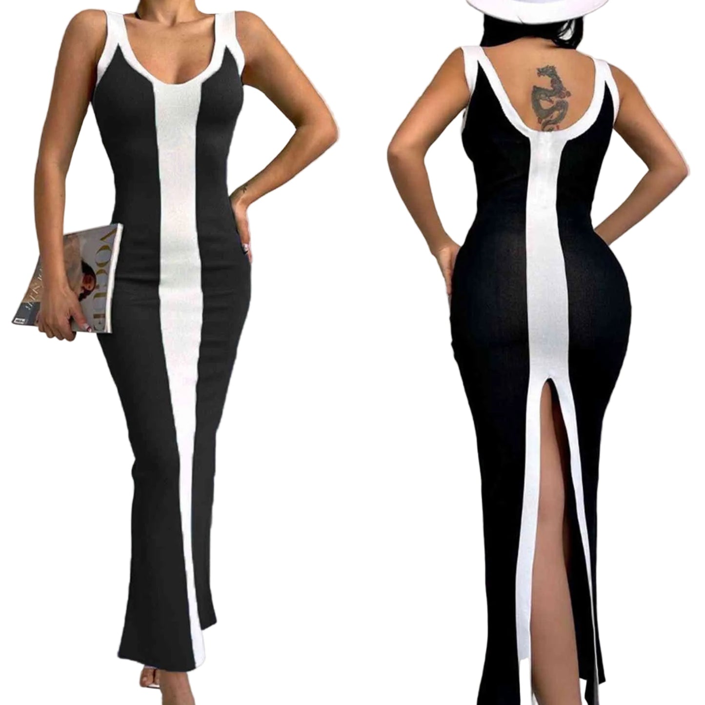 Contrast Colorblock Scoop Neck Fitted Sleeveless Bodycon Back Slit Midi Dress