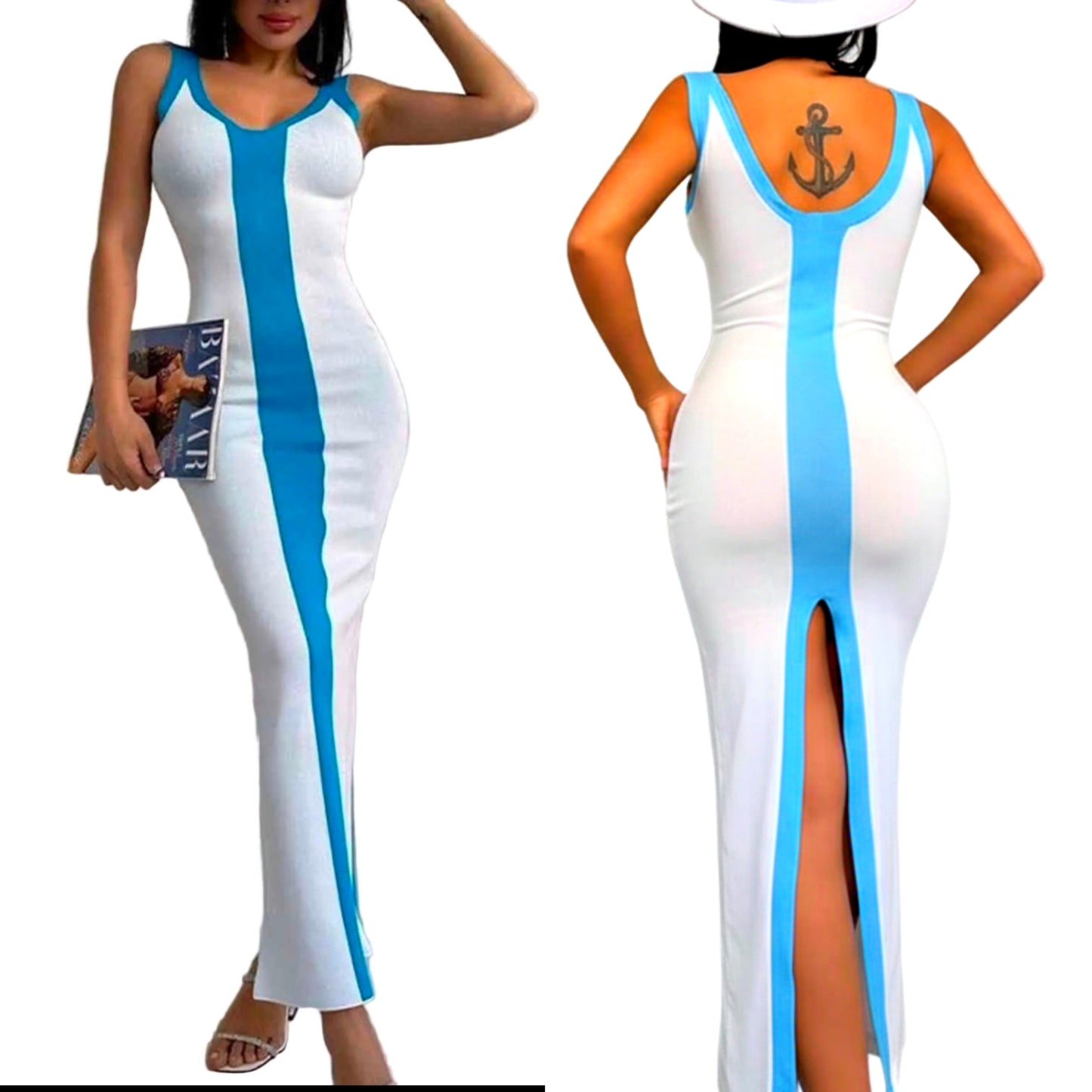 Contrast Colorblock Scoop Neck Fitted Sleeveless Bodycon Back Slit Midi Dress
